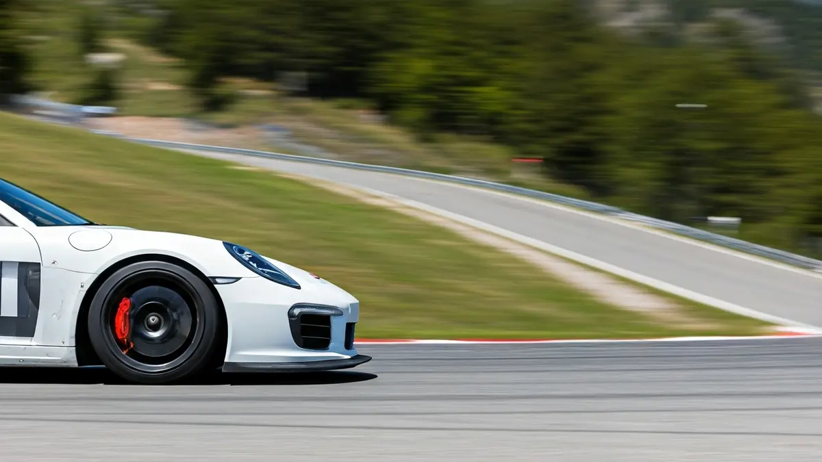 Generic image of a racing car tire on an asphalt track, with a blurred mountain road in the background.