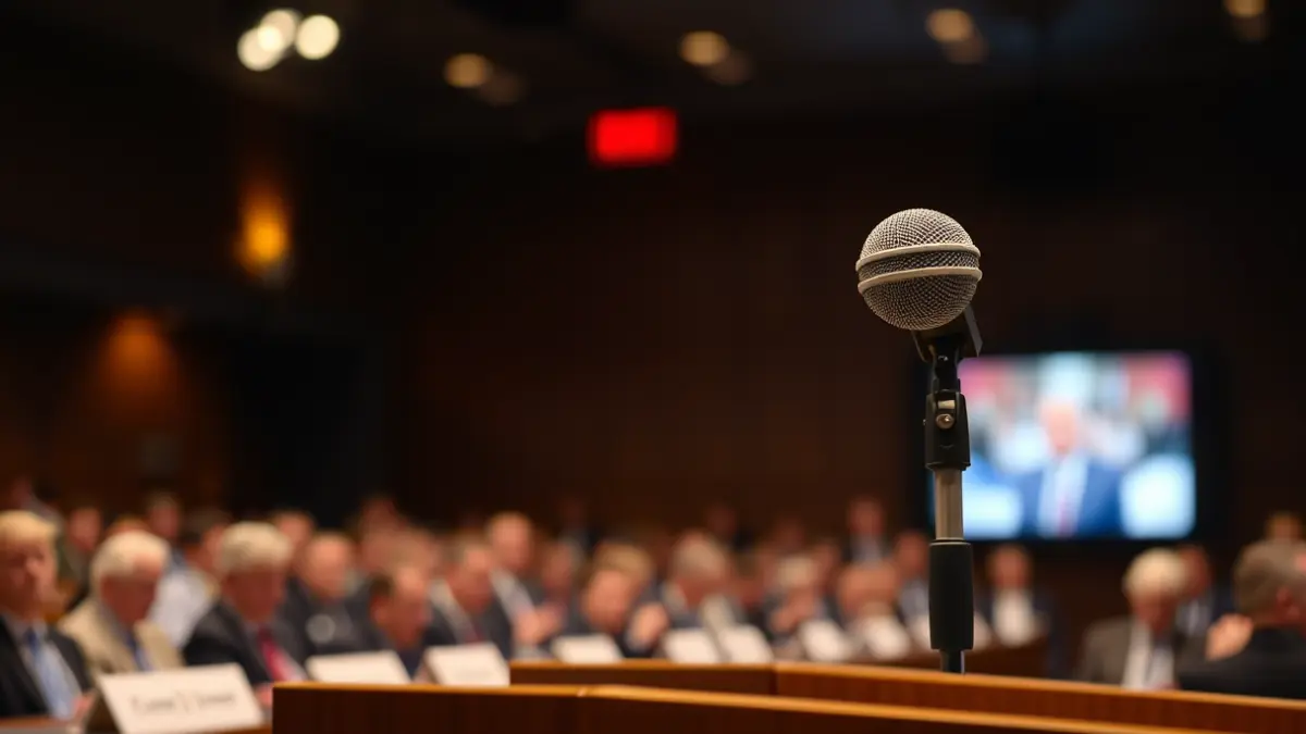 Generic image of a microphone on a podium, symbolizing a political event or press conference.