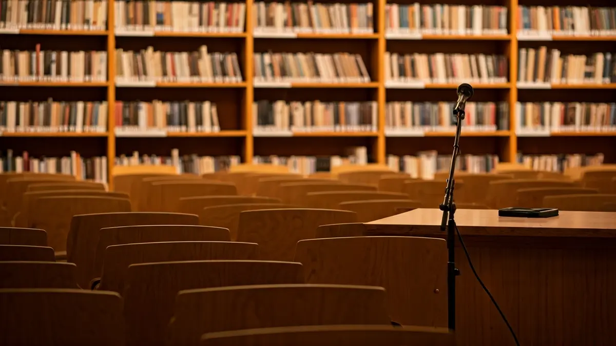 Imagen genérica de un espacio cultural o sala de cine, con un micrófono y asientos vacíos, que evoca un ambiente de presentación o debate.