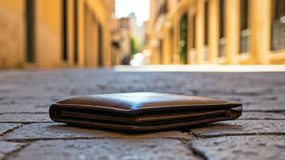 Generic image of a wallet with euro banknotes on a street.