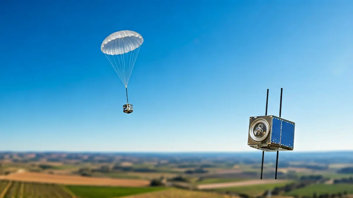 Minisatélite descendiendo con paracaídas sobre un paisaje andaluz.