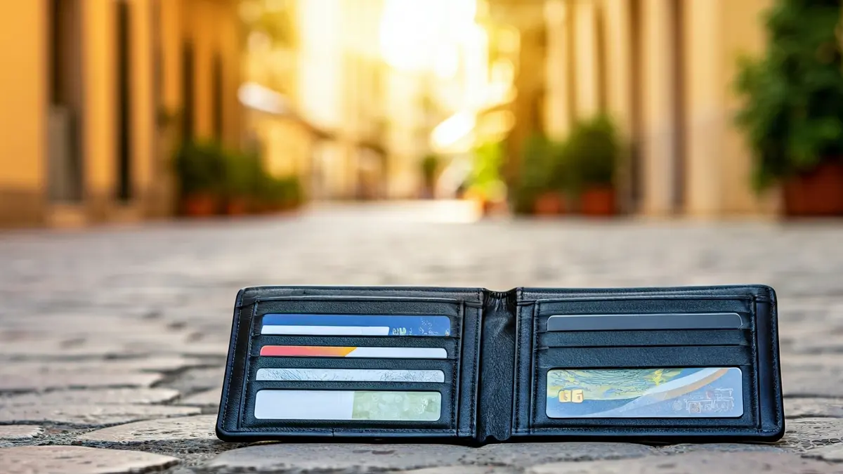 Imagen de una cartera con dinero y documentos sobre una superficie de piedra.