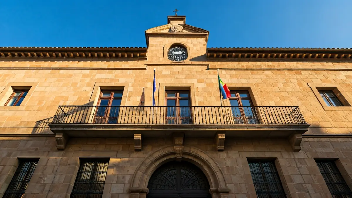Facade of an Andalusian town hall with a balcony and iron railings, under the afternoon sun.