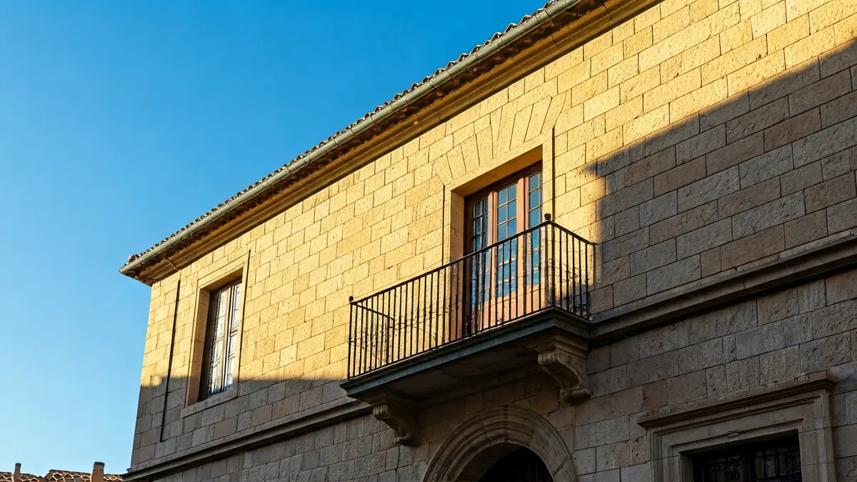 Andalusian-style town hall facade with a balcony and iron railings, under the afternoon sunlight.