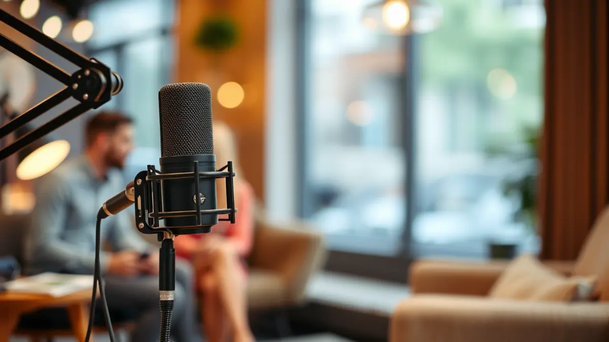 Imagen genérica de un micrófono en un estudio de podcast.