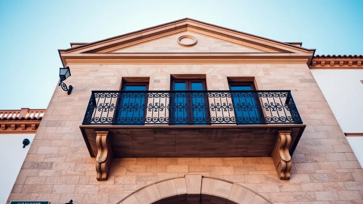 Fachada de un ayuntamiento andaluz con balcón de hierro forjado bajo la luz del sol.