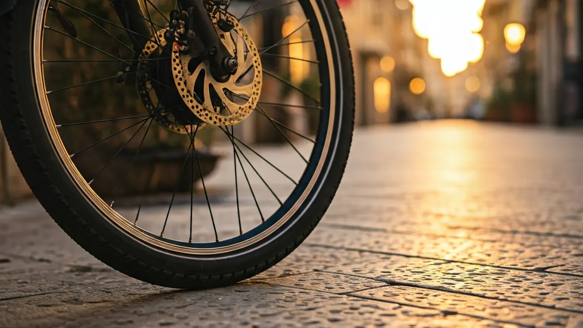 Imagen genérica de una rueda de bicicleta eléctrica en una acera.