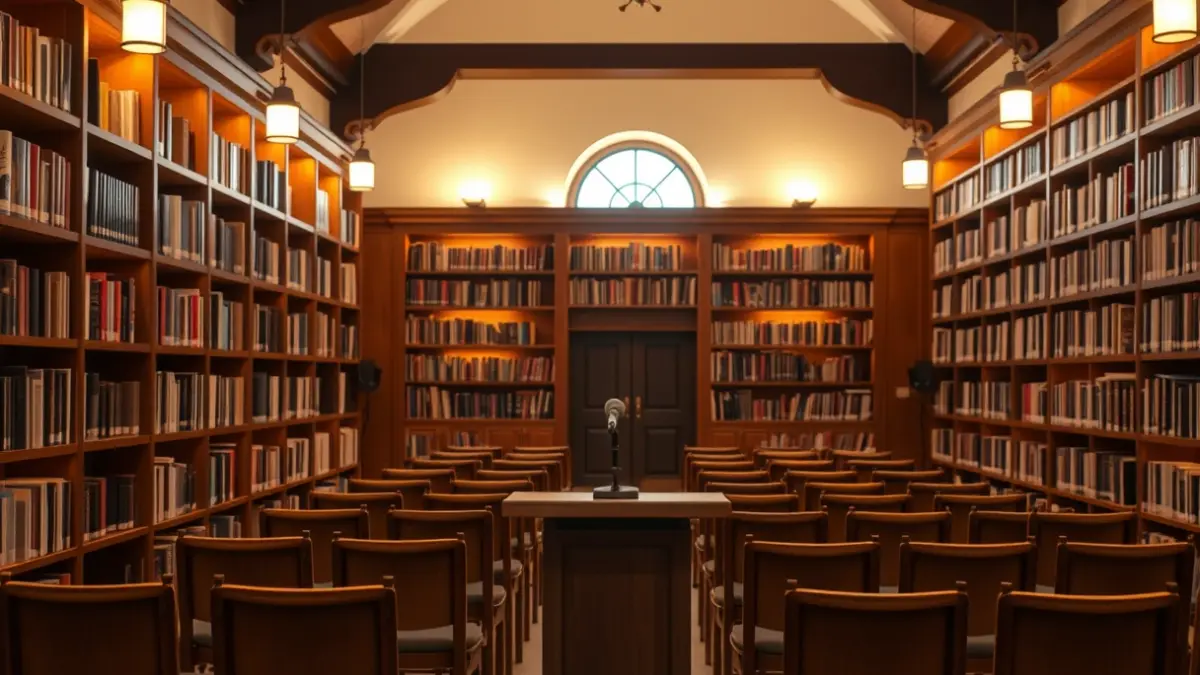 Generic image of a literary setting with bookshelves and a podium.