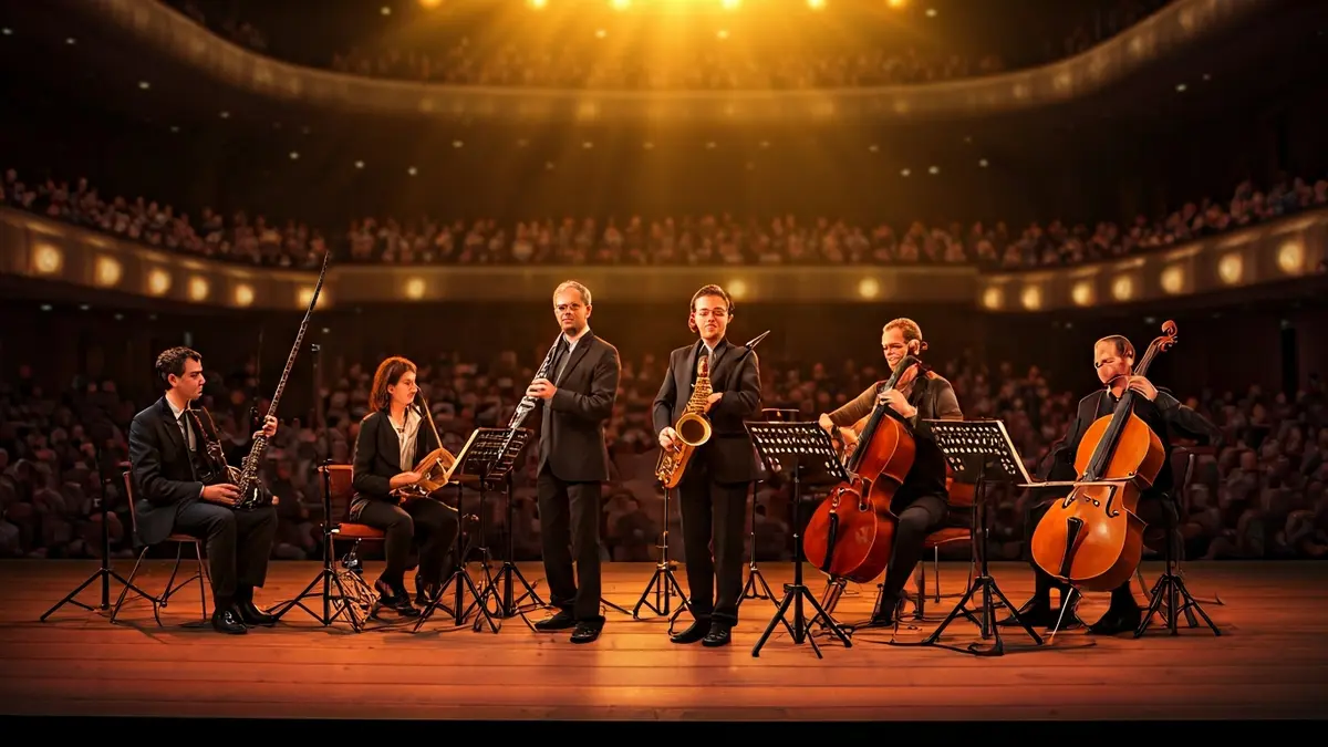 Escenario con instrumentos musicales y luces dinámicas, evocando una representación artística.