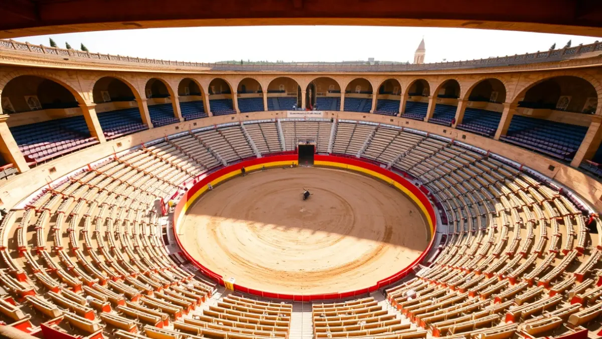 Imagen de la plaza de toros de la Maestranza en Sevilla, con el ruedo vacío y los tendidos al sol.