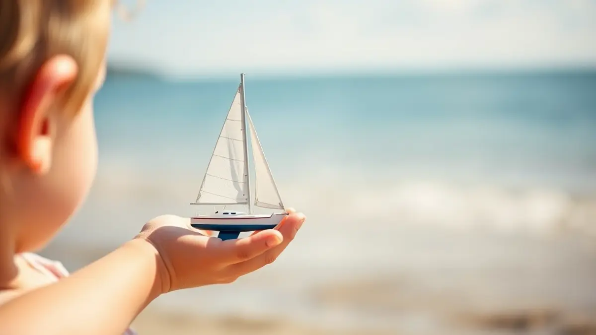 Imagen genérica de una mano infantil sosteniendo un velero de juguete, con un fondo de playa borroso.