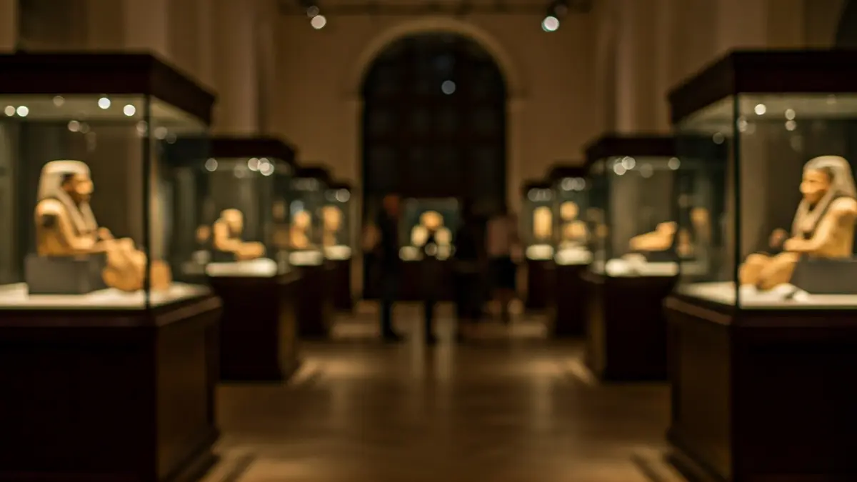 Imagen de una sala de exposición con artefactos del Antiguo Egipto.