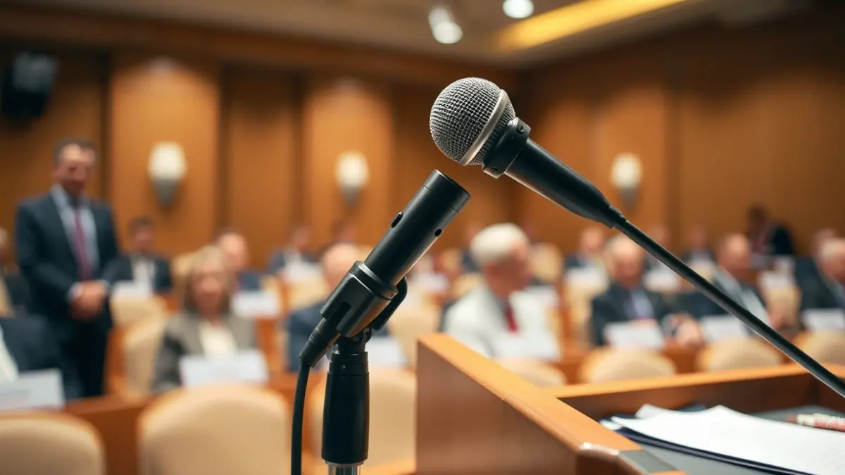 Imagen genérica de un micrófono en un podio durante una reunión política.