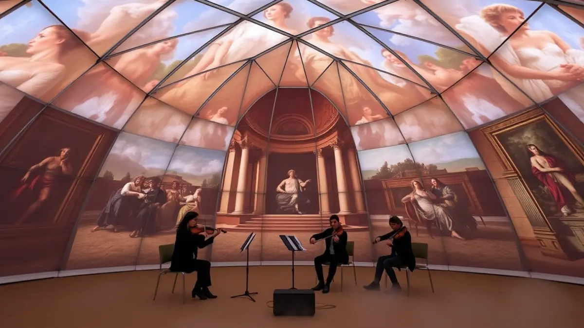 Imagen de un domo geodésico con proyecciones de arte y música en vivo.