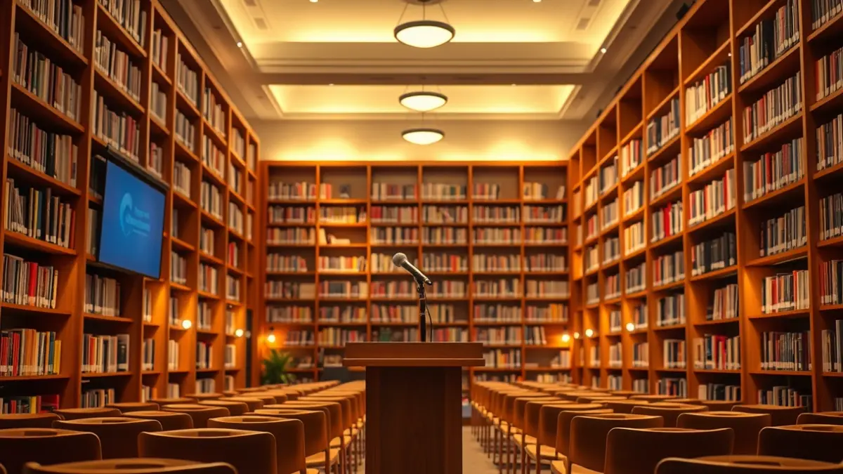 Generic image of a library interior with wooden bookshelves and a podium with a microphone, evoking a study and debate atmosphere.