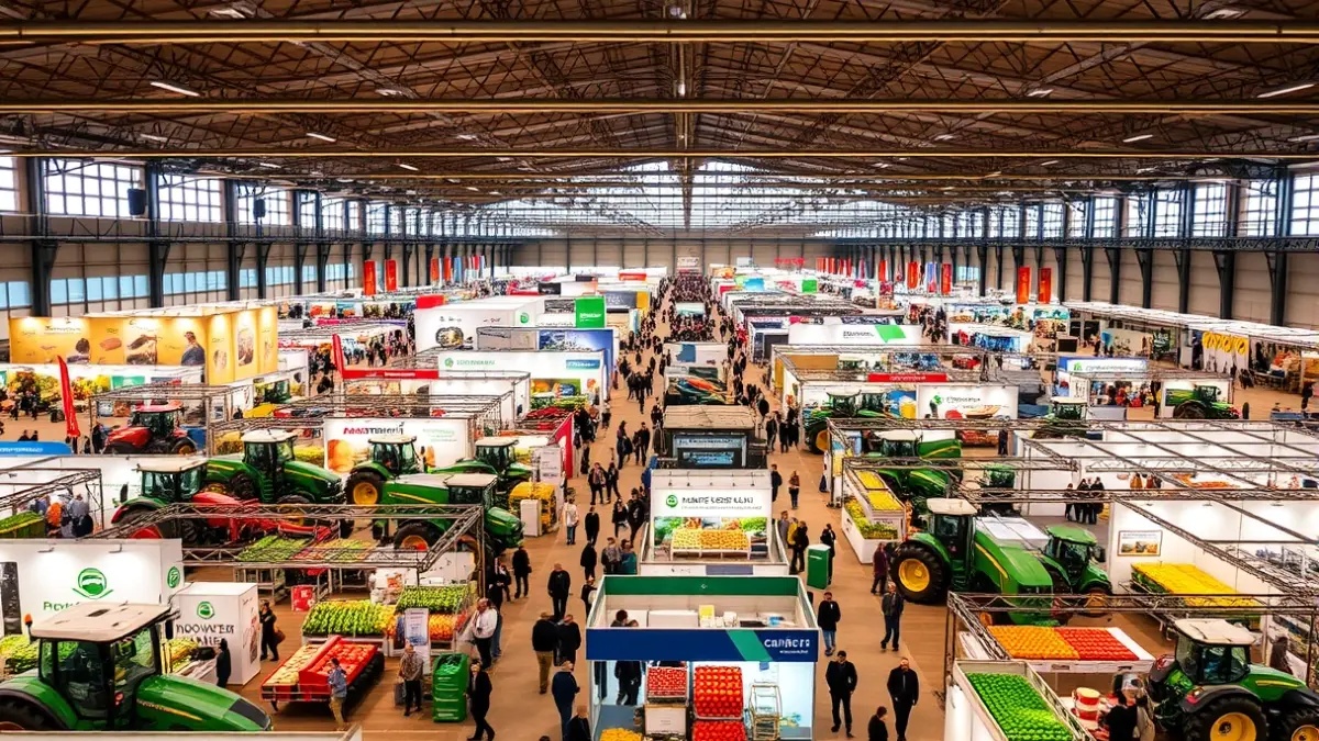 Image of an agricultural fair with stands and machinery.