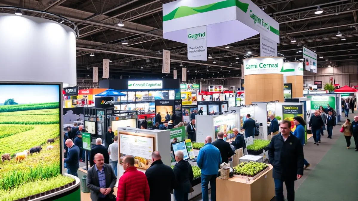 Image of an agricultural fair with stands and visitors, showcasing technology and sustainability.