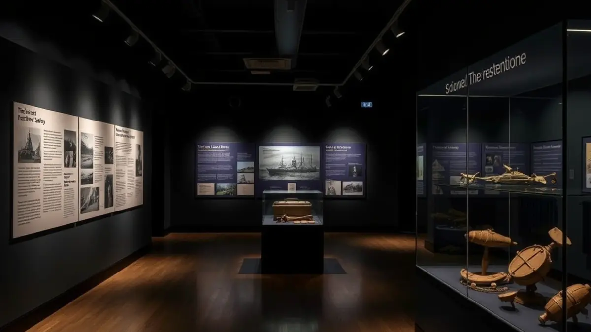 Imagen de una exposición sobre prevención de riesgos laborales, con paneles informativos y vitrinas.