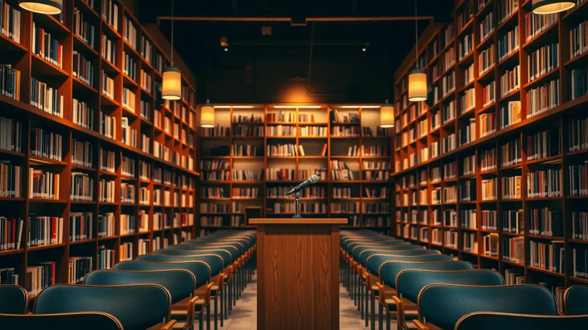 Imagen genérica de una sala de exposiciones o biblioteca con ambiente cálido.