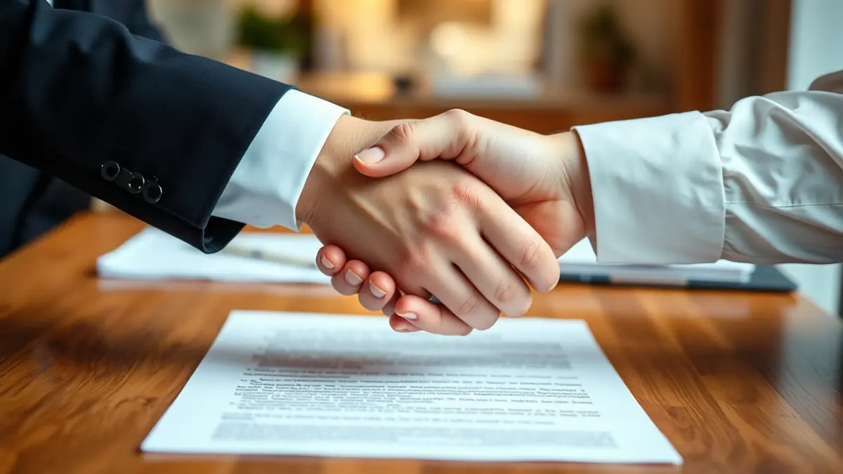 Generic image of a handshake in an office setting, symbolizing a business agreement.