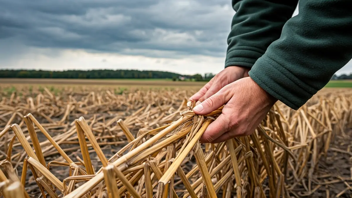 Manos de un agricultor examinando cultivos dañados en un campo.