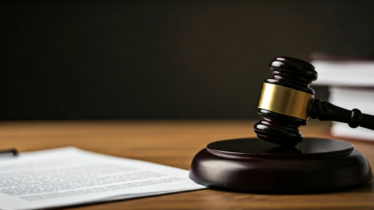 Imagen genérica de documentos legales y un mazo de juez sobre una mesa de madera.
