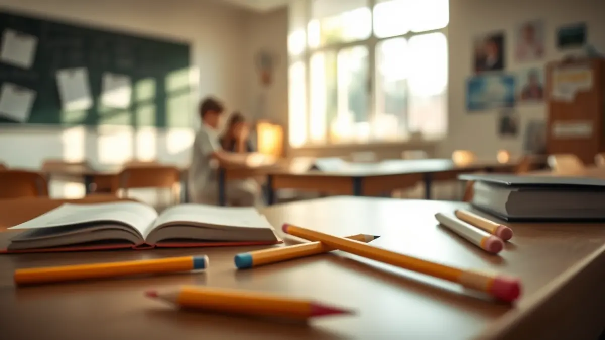 Imagen genérica de un pupitre escolar con libros y lápices, en un aula iluminada por luz natural.