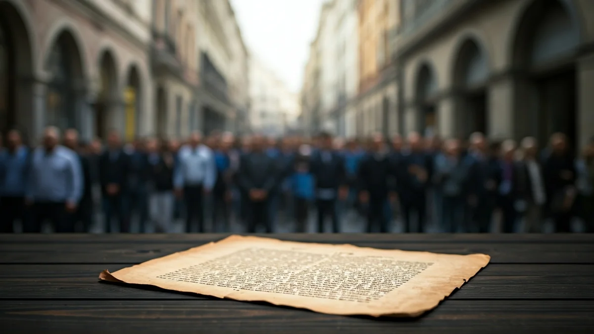 Imagen de un documento antiguo y borroso sobre una mesa de madera, simbolizando la búsqueda de justicia histórica.