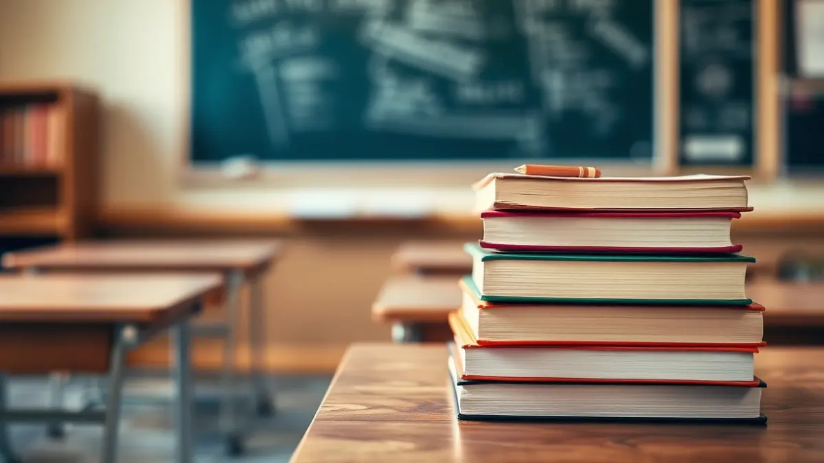 Imagen genérica de libros de texto en un aula, simbolizando la educación.