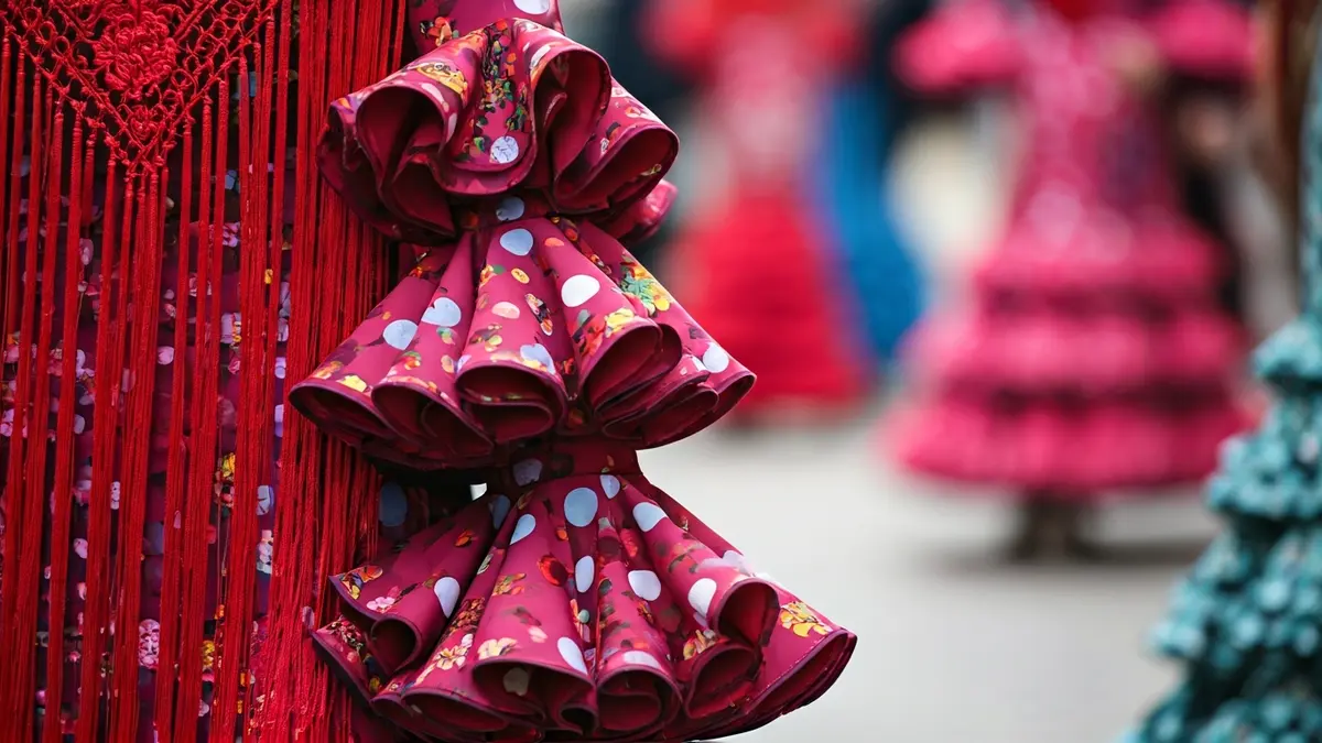 Imagen genérica de un traje de flamenca con volantes y bordados.
