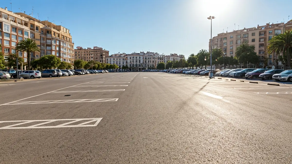 Imagen genérica de un aparcamiento amplio y vacío con señalización de plazas.