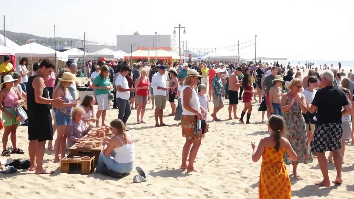 Imagen de un festival solidario en la playa con diversas actividades culturales y de ocio.