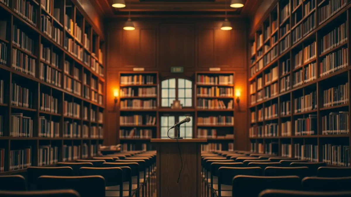 Generic image of a cultural or reading space, with bookshelves and a microphone.