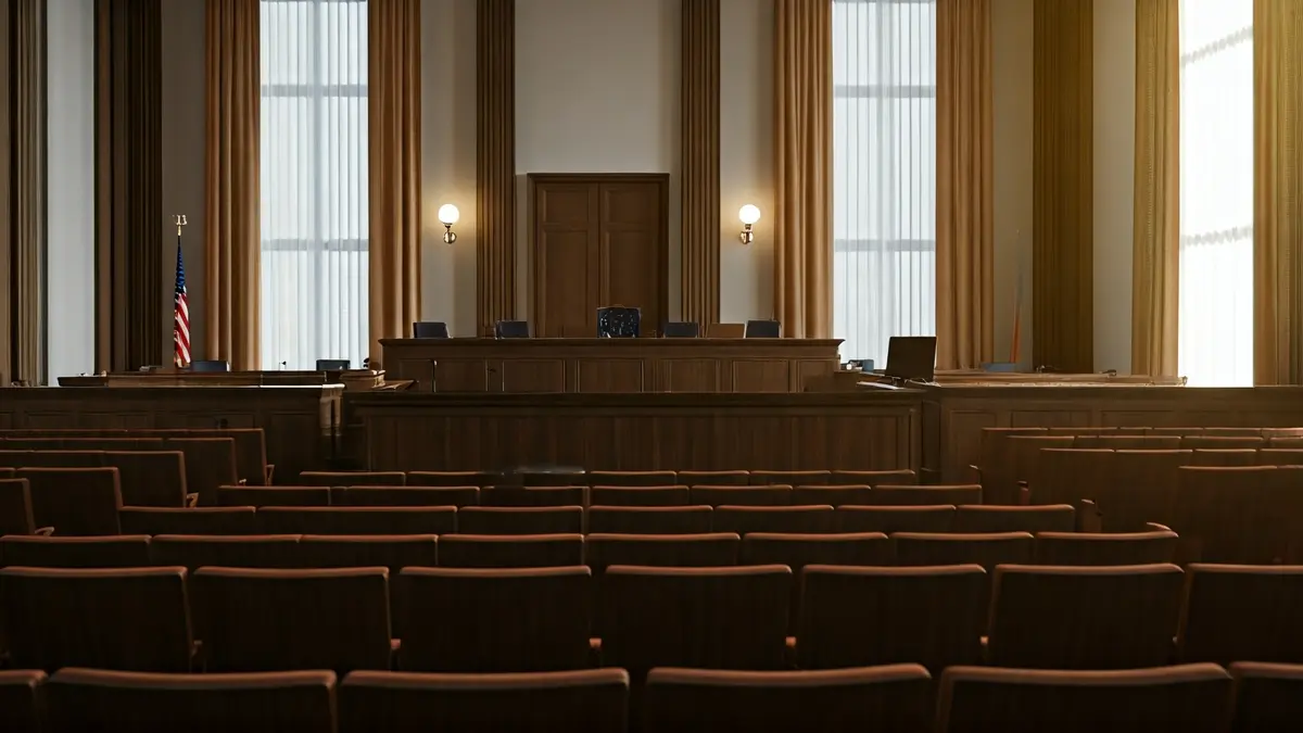Imagen genérica de una sala de juicios, con el estrado del juez y asientos vacíos.