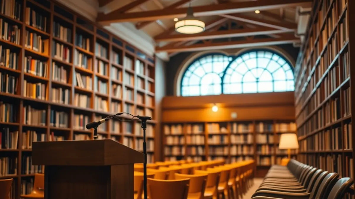 Imagen genérica de un interior de biblioteca con un podio y sillas, iluminado cálidamente.