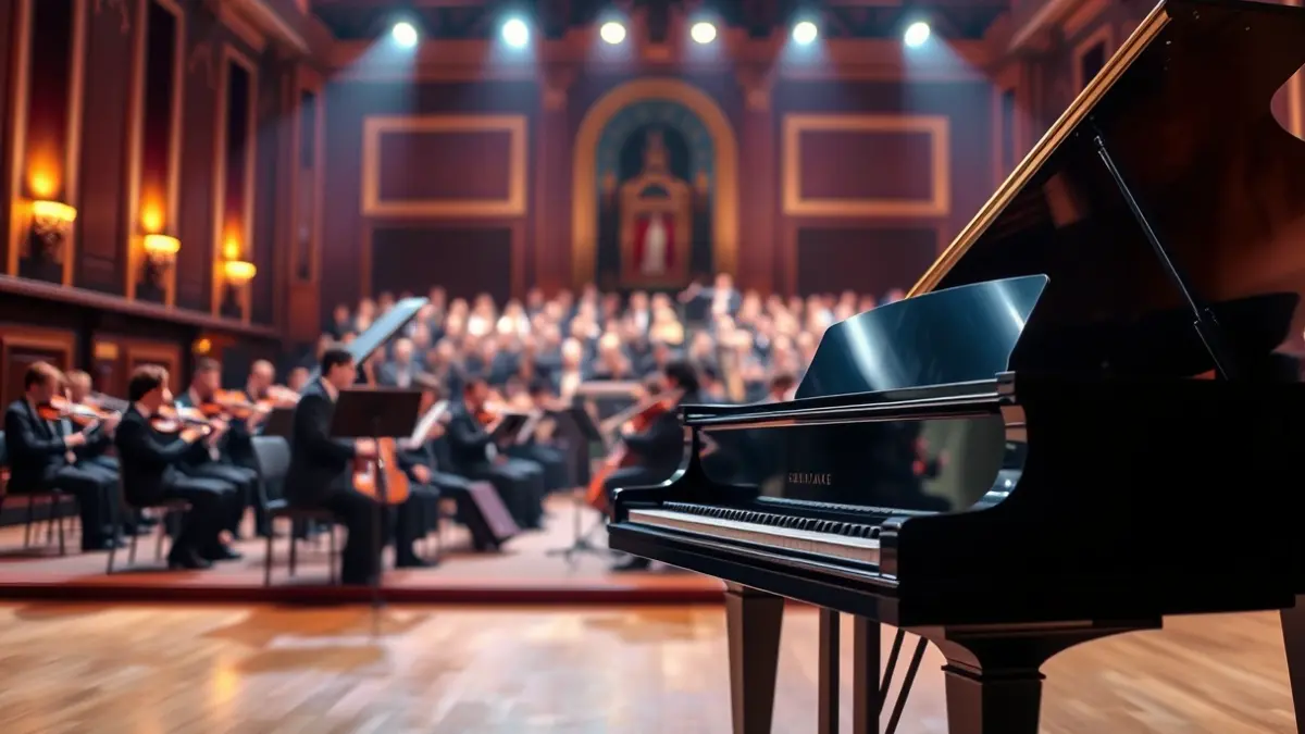Imagen genérica de un piano de cola en un escenario de concierto.