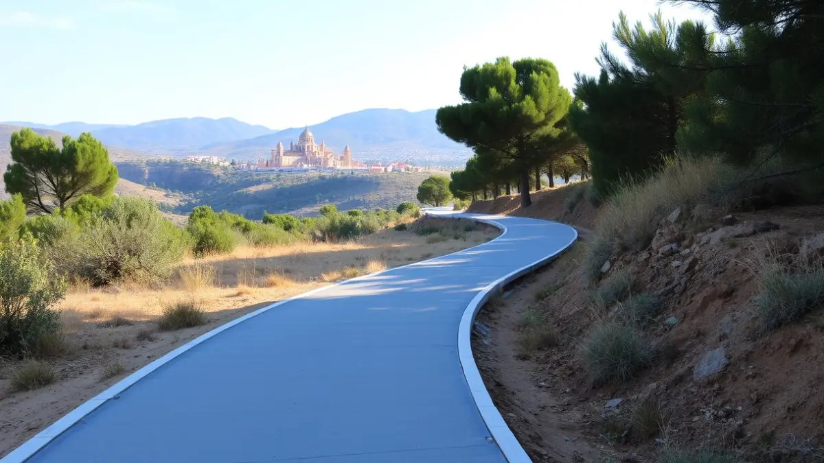 Sendero peatonal recién construido que conduce a un santuario en un entorno natural.
