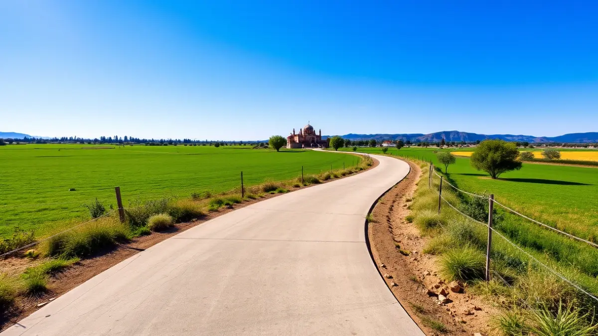 Sendero peatonal recién construido que conduce a un santuario en un paisaje rural andaluz.