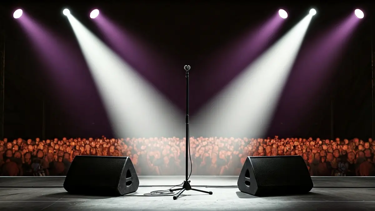 Imagen genérica de un escenario de concierto con luces brillantes y un micrófono vacío.