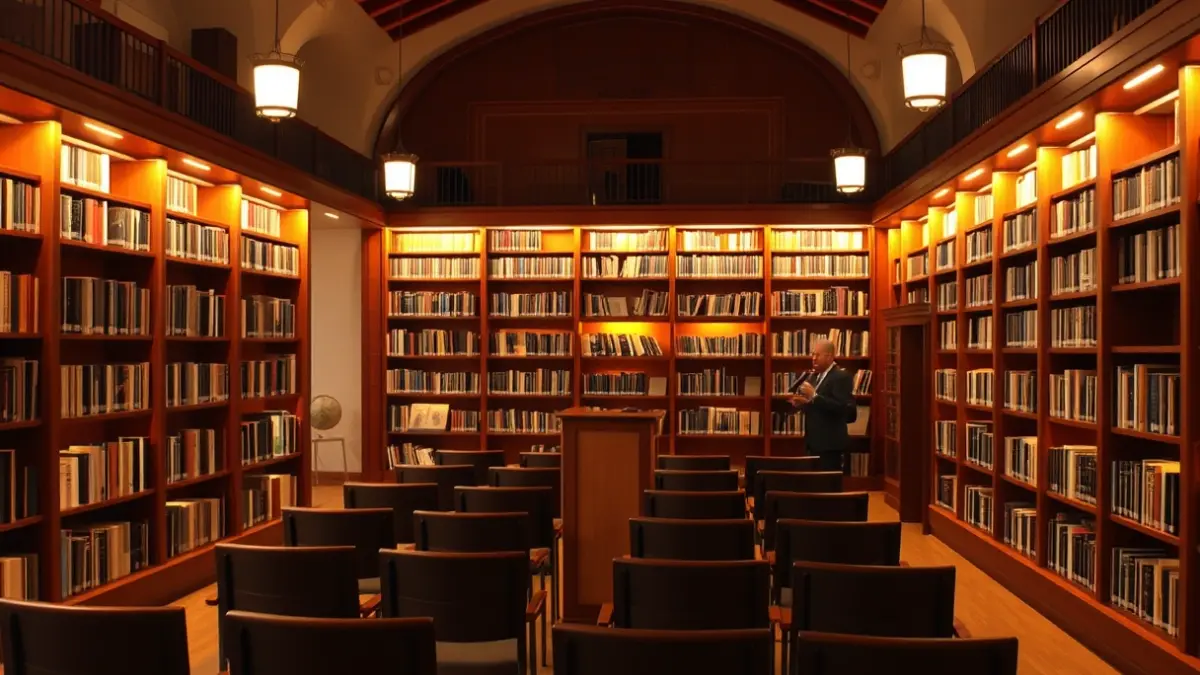 Generic image of a cultural space with a podium and chairs, warmly lit.