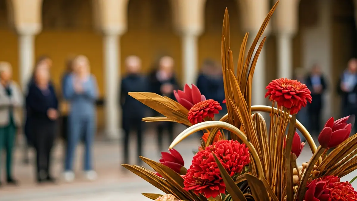 Imagen de un arreglo floral artístico con elementos metálicos en un patio andaluz.