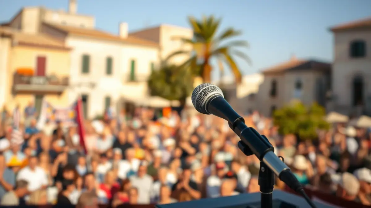 Imagen genérica de un evento de campaña política con un micrófono en primer plano y una multitud difuminada.