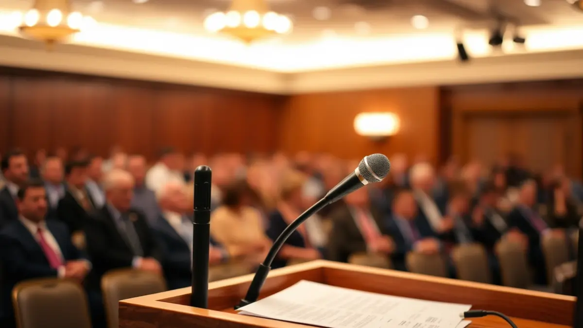 Generic image of a microphone on a podium during a political forum or debate.