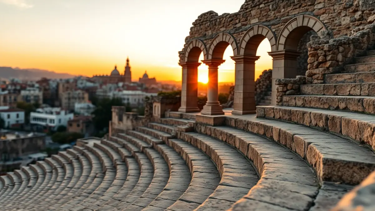 Imagen de las ruinas de un teatro romano con una ciudad moderna al fondo.