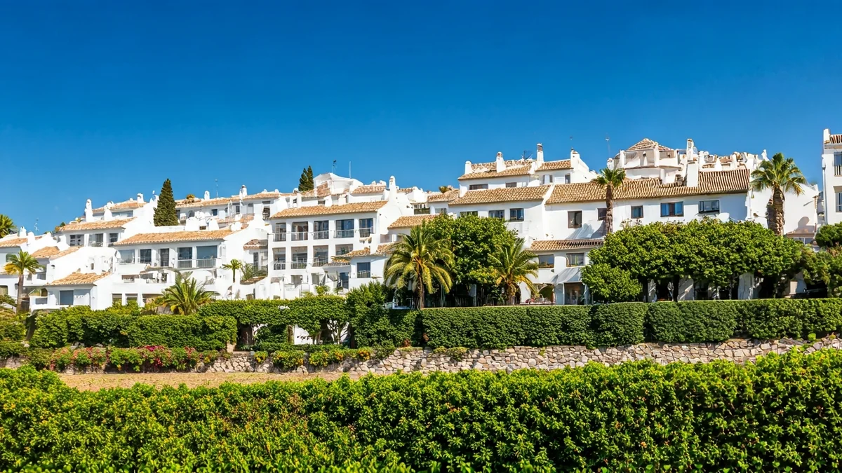 Vista de la arquitectura tradicional de Marbella con edificios bajos y tejados de terracota.
