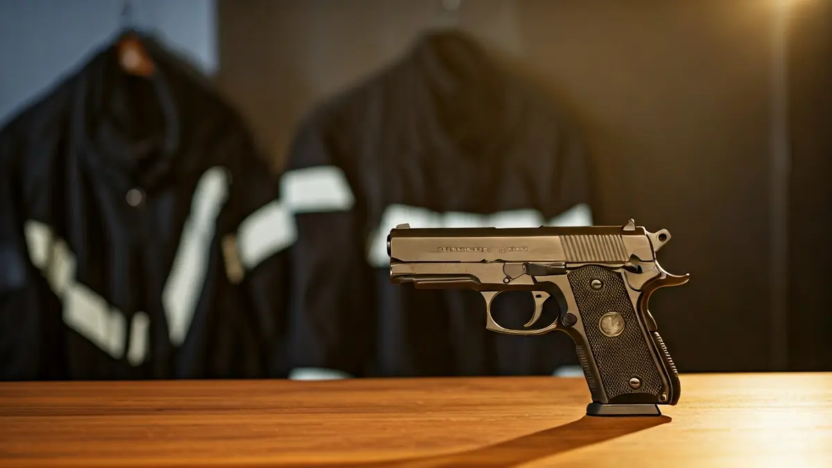 Pistola sobre un mostrador con chalecos reflectantes desenfocados al fondo.
