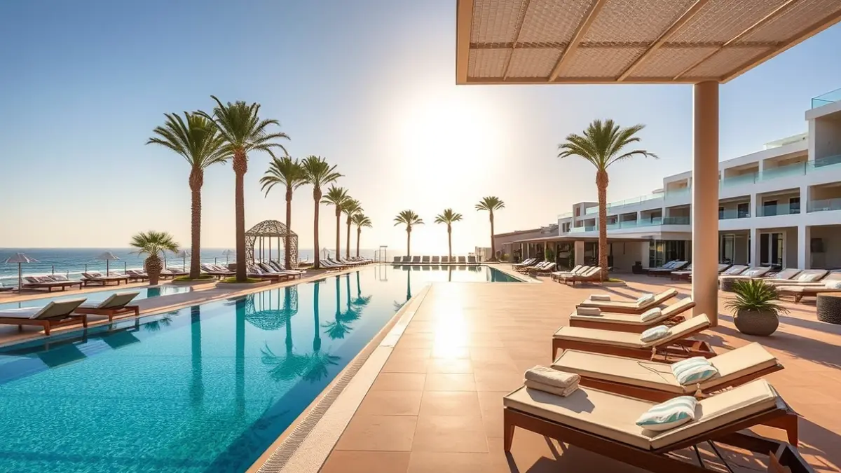 Imagen de un hotel de lujo con ambiente de chiringuito en la costa de Cádiz.