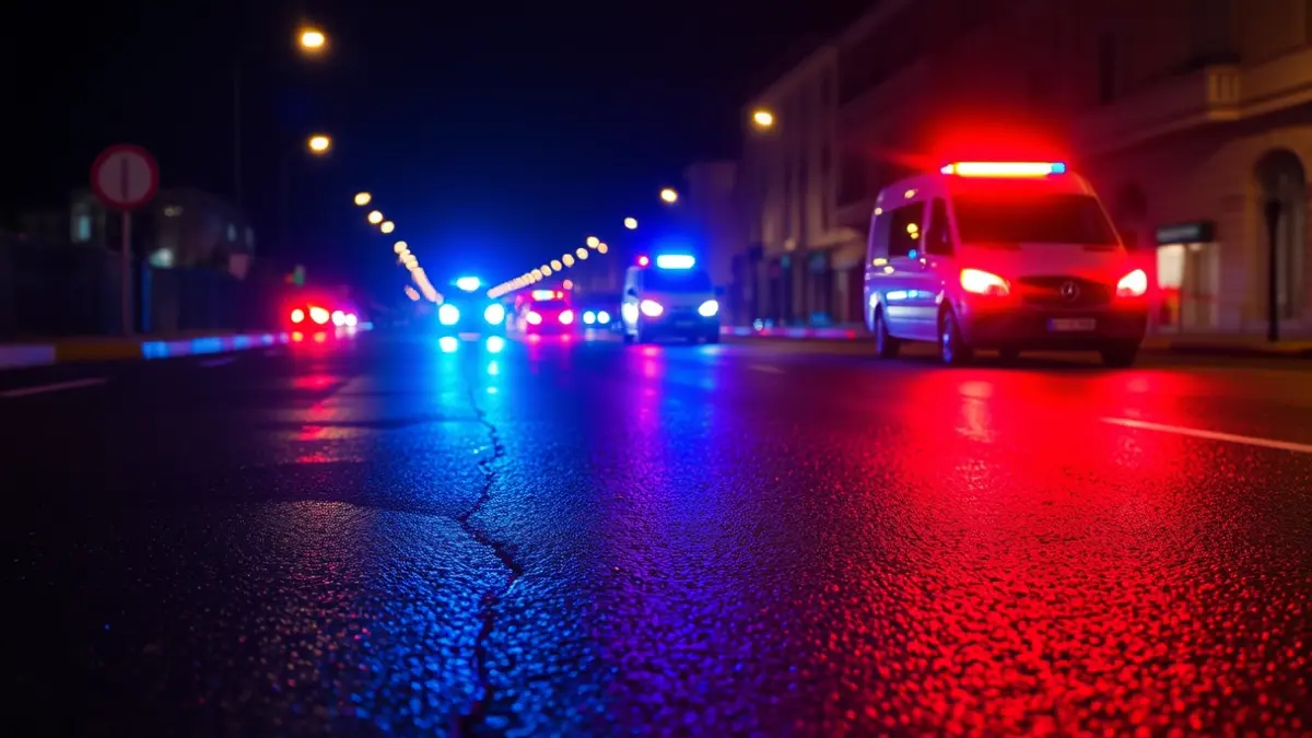 Imagen genérica de luces de emergencia reflejadas en asfalto mojado.