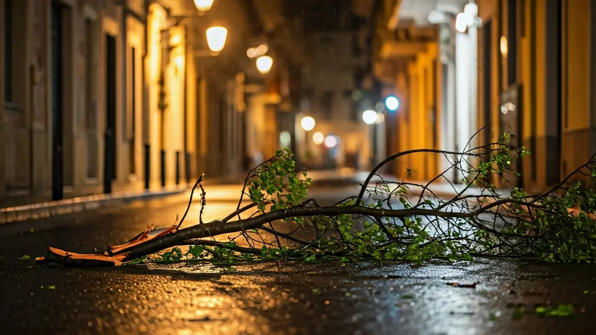 Fallen tree branch on a Granada street after strong winds.