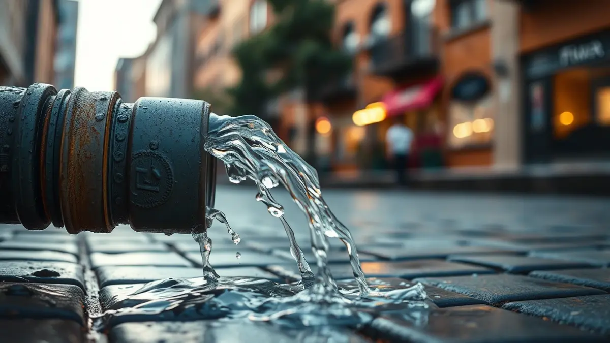 Tubería de agua rota en una calle urbana con agua saliendo a presión.